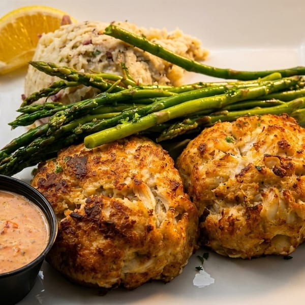 Two golden-brown crab cakes with asparagus, mashed potatoes, a lemon wedge, and dipping sauce.