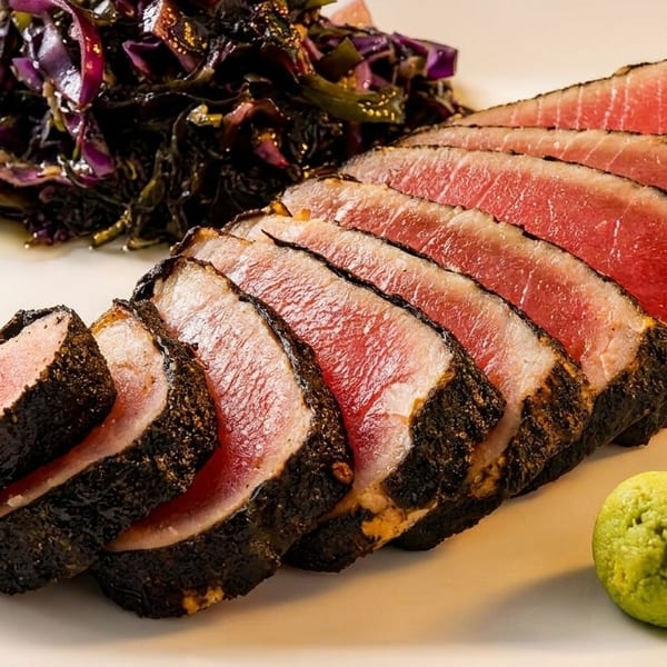 Seared tuna slices with a dark crust, pink interior, served with purple cabbage and wasabi.