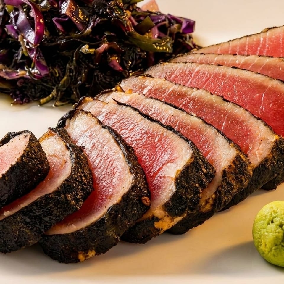 Seared tuna slices with a dark crust, pink interior, served with purple cabbage and wasabi.