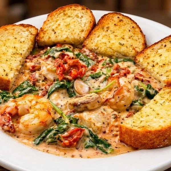 Creamy shrimp pasta with spinach, sun-dried tomatoes, and garlic bread on a white plate.