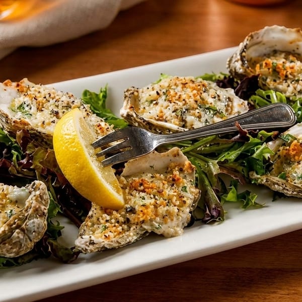 Baked oysters on the half shell with breadcrumbs and herbs, served with a lemon wedge and fork.