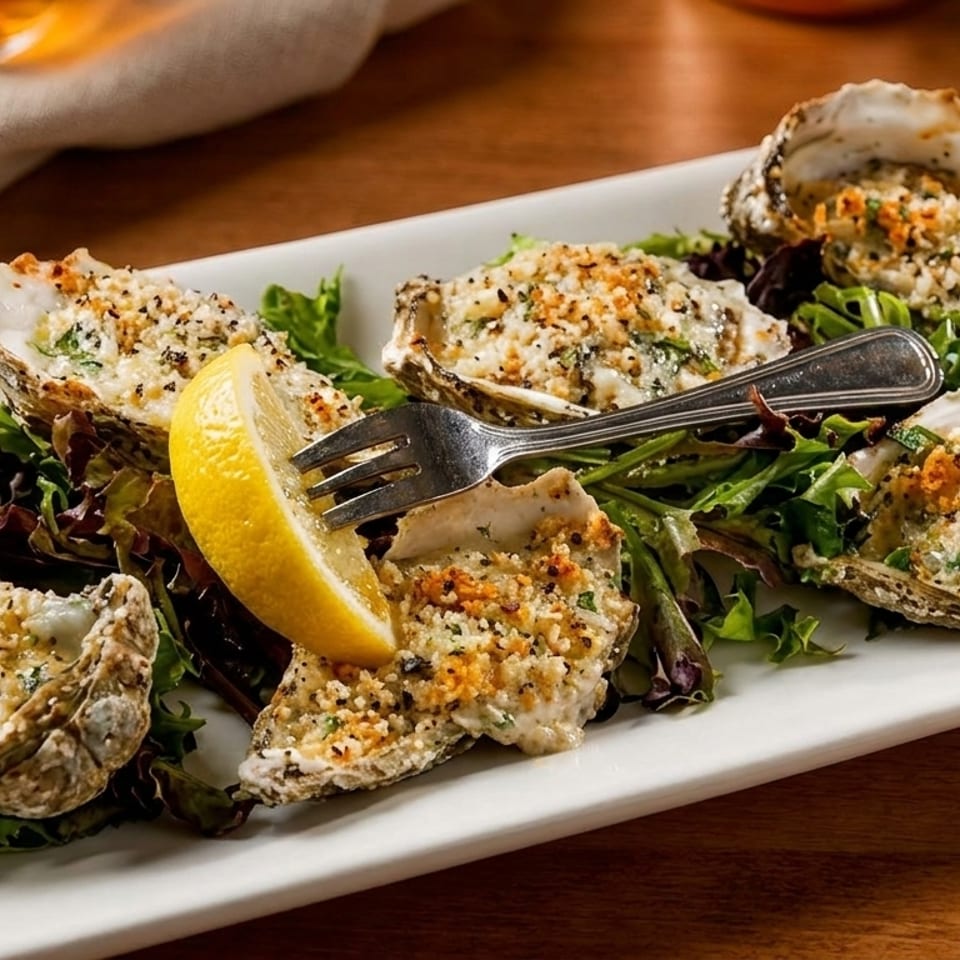 Baked oysters on the half shell with breadcrumbs and herbs, served with a lemon wedge and fork.